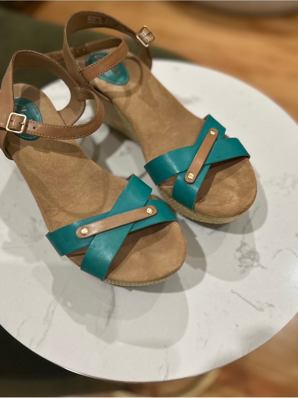 Clarks Teal and Tan Cross-Strap Wedge Sandals